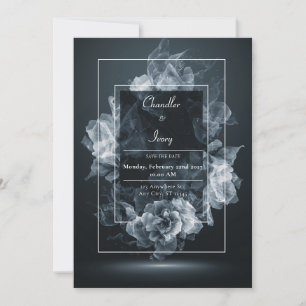 Ethereal Smoky White Floral Abstract Black Wedding Invitation