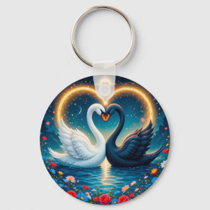 Ethereal Swans Forming a Heart Key Ring