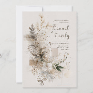 Ethereal Taupe White Minimalist Botanical Wedding Invitation