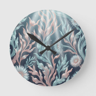 Ethereal Teal Coral Seaweed Aquatic Floral Pattern Round Clock