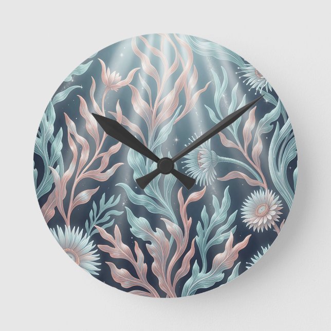 Ethereal Teal Coral Seaweed Aquatic Floral Pattern Round Clock (Front)