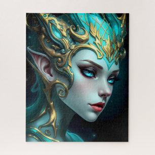 Ethereal Teal Elf Goddess with Golden Tiara Jigsaw Puzzle