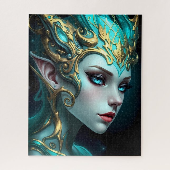 Ethereal Teal Elf Goddess with Golden Tiara Jigsaw Puzzle (Vertical)