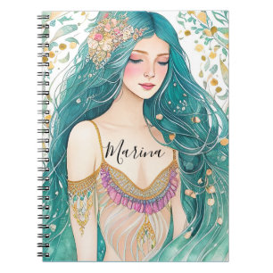 Ethereal Teal Gold Mermaid Princess Floral Fantasy Notebook