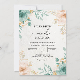 Ethereal Teal Peach Floral Arch Wedding Invitation