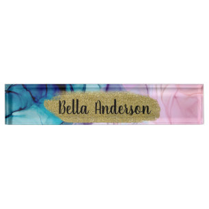 Ethereal Teal Pink Elegant Inky Modern Glam Trendy Nameplate