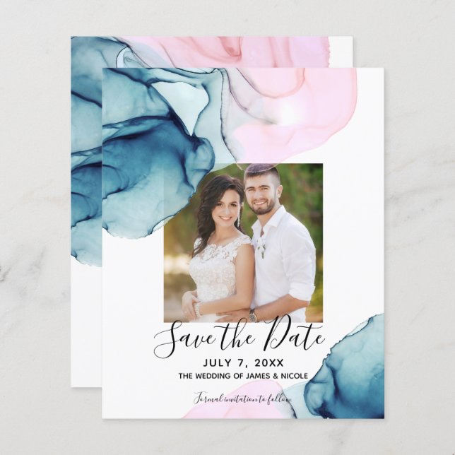 Ethereal Teal Pink Elegant Inky Save the Date (Front/Back)