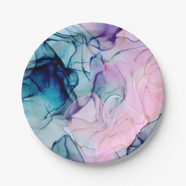 Ethereal Teal & Pink Inky Glamour Birthday Party Paper Plate (Front)