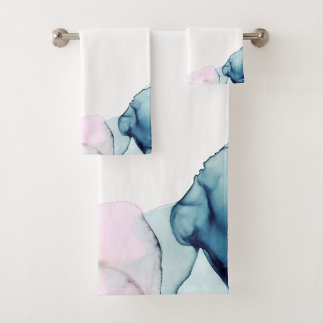 Ethereal Teal & Pink Inky Modern Glamour Bath Towel Set (Insitu)