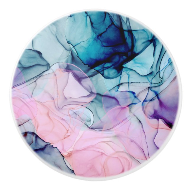 Ethereal Teal Pink Purple Inky Modern Glamour Ceramic Knob (Front)