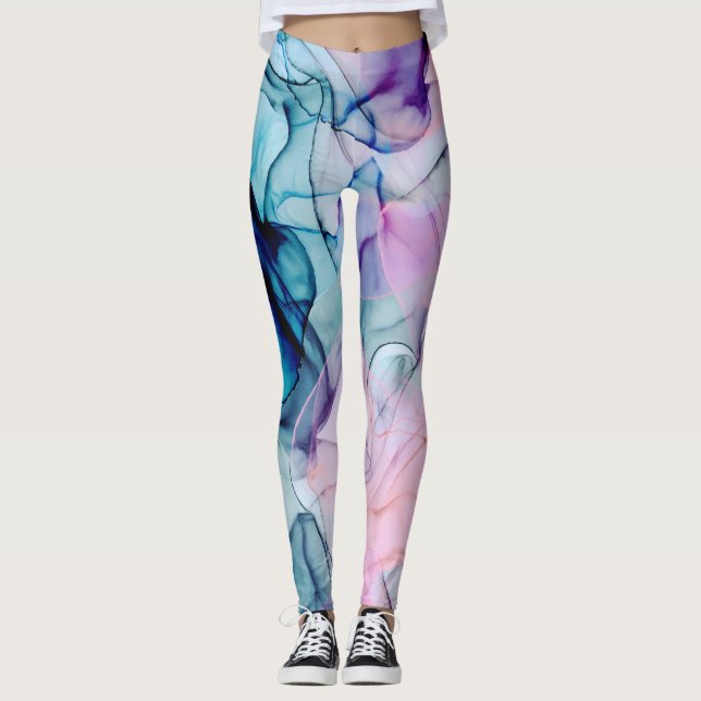 Ethereal Teal Pink Purple Inky Modern Glamour Leggings (Front)