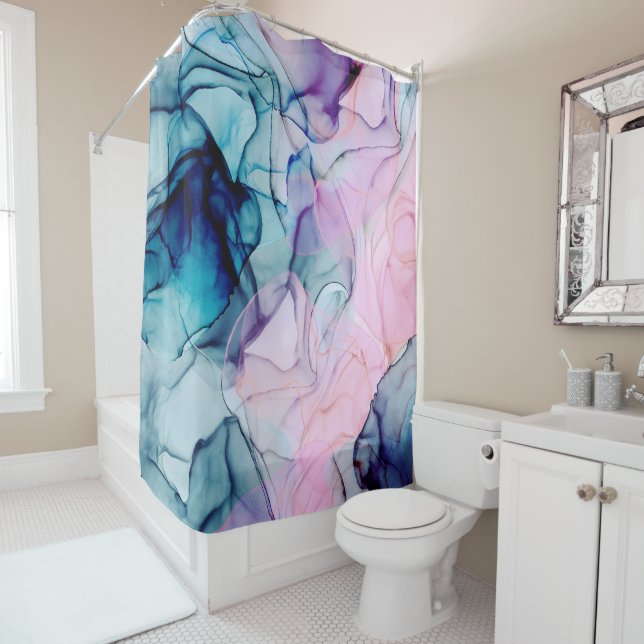 Ethereal Teal Pink Purple Inky Modern Glamour Shower Curtain (In Situ)