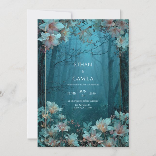 Ethereal Twilight Teal Floral Gold Frame Forest Invitation (Front)