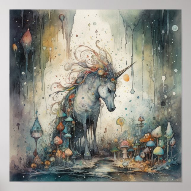 Ethereal Unicorn with Mystical Mushrooms Poster (Front)