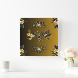 Ethereal Unison: Black and Gold Graphic Art Square Wall Clock