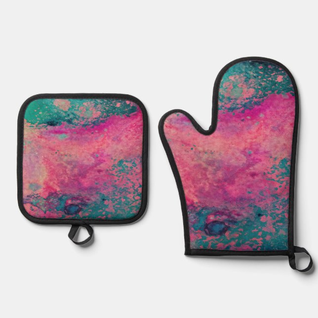 “Ethereal Vellum” – Pink Teal Blue Abstract    Oven Mitt & Pot Holder Set (Front)