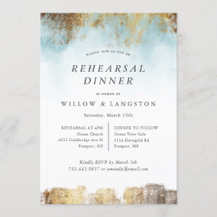 Ethereal Watercolor Blue Gold Rehearsal Dinner Invitation