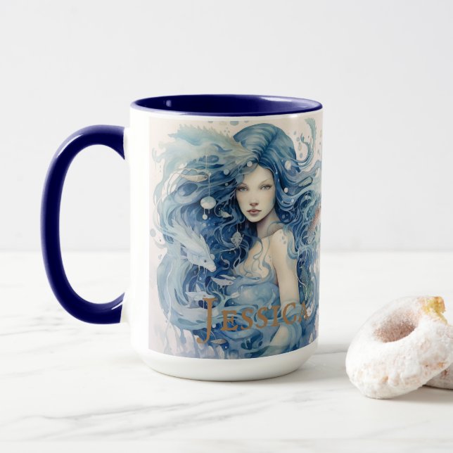 Ethereal Watercolor Fantasy Blue Mermaid  Mug (With Donut)