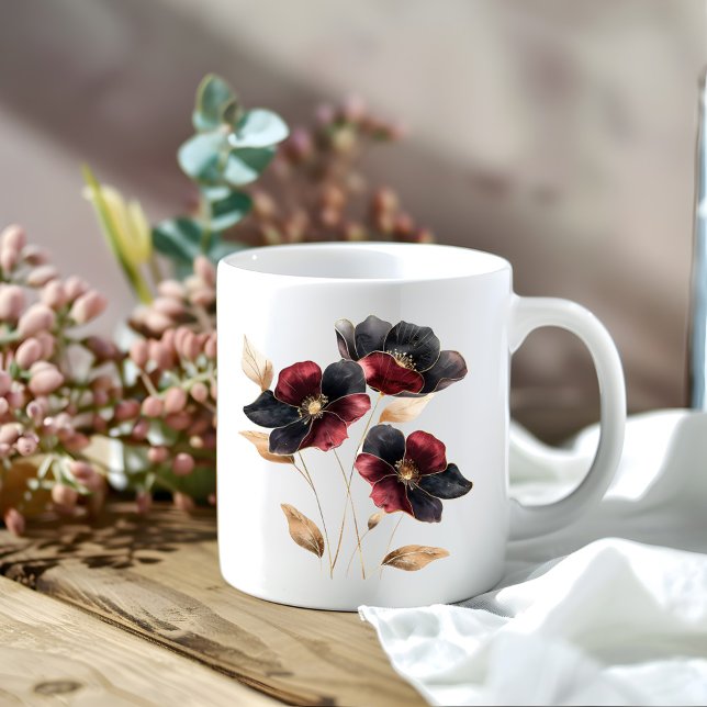 Ethereal watercolor gold black burgundy flowers coffee mug (Ethereal watercolor gold black burgundy flowers coffee mug)