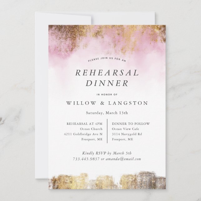 Ethereal Watercolor Pink Gold Rehearsal Dinner Invitation (Front)