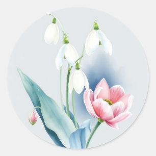 Ethereal Watercolor Snowdrops and Hellebores Classic Round Sticker
