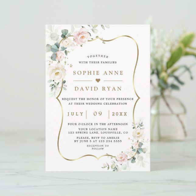 Ethereal Watercolour Roses Leaves Gold Wedding  Invitation (Standing Front)