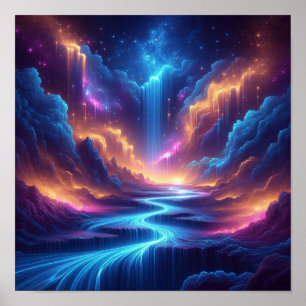 Ethereal Waterfalls Blending with a Starry Horizon Poster