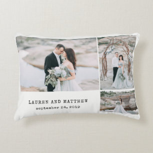 Ethereal Wedding 3 Photo Collage and Grey Stripes Decorative Cushion