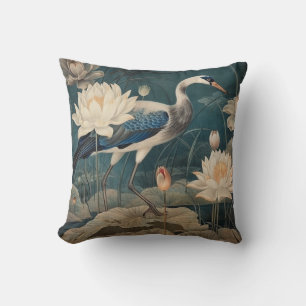 Ethereal Wetland & Blue Heron Lotus Study Cushion