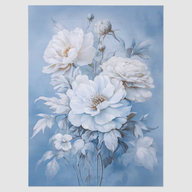 Ethereal White & Blue Floral Bouquet Decoupage Tissue Paper (Front)