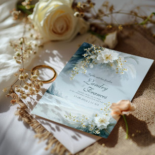 Ethereal White Floral Coastal Winter Beach Wedding Invitation