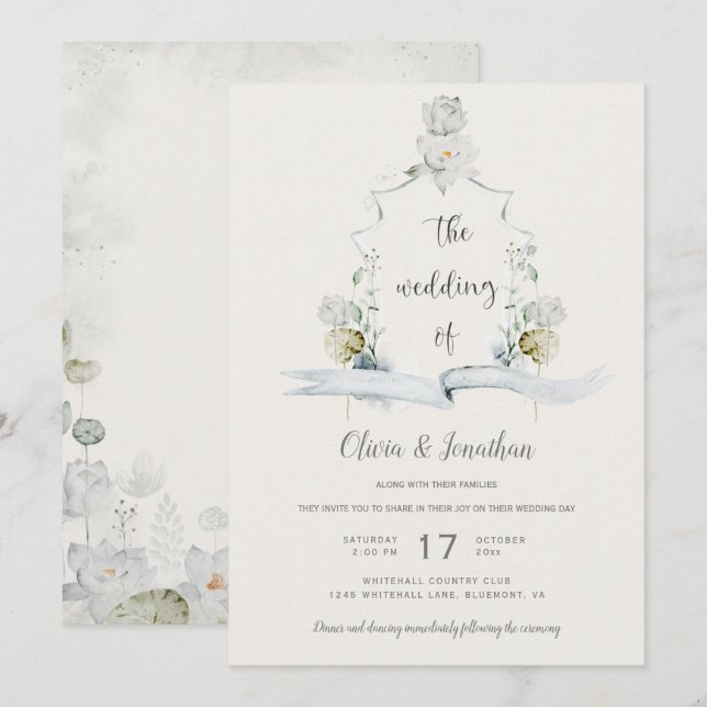 Ethereal White Floral Sage Green Crest Wedding Invitation (Front/Back)