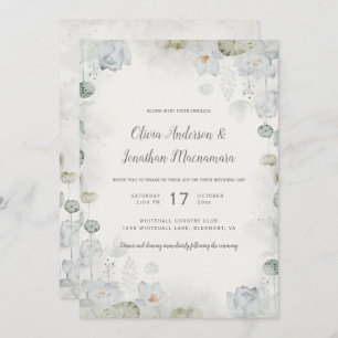 Ethereal White Floral Sage Green Teal Ivory Invitation