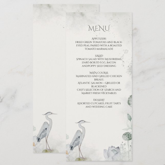 Ethereal White Floral Waterfowl Wedding Menu (Front/Back)