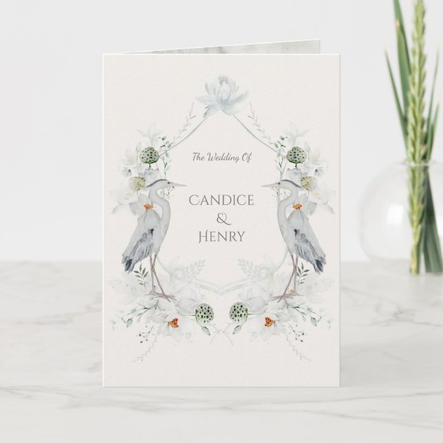Ethereal White Flowers Blue Heron Nature Wedding Invitation (Front)