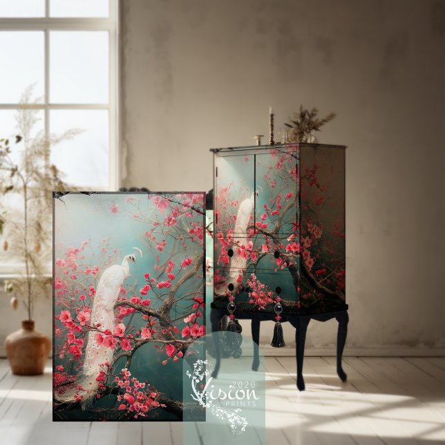 Ethereal White Peacock, Cherry Blossom Tree Tissue Paper (White Peacock, Pink Cherry Blossoms, Chinoiserie inspired, realism, Artwork, Decoupage Tissue Paper.)