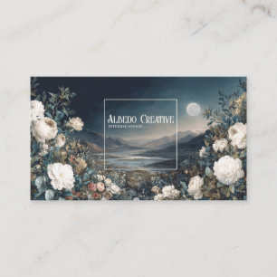 Ethereal White Rose Floral and Full Moon Night  Business Card