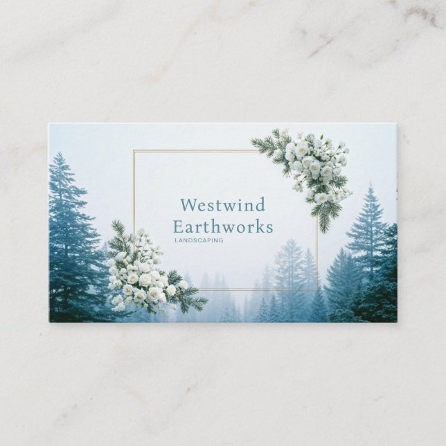 Ethereal White Rose Pine Forest Winter Gold Frame Business Card (Front)