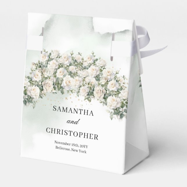 Ethereal white roses wreath greenery gold wedding favour box (Back Side)