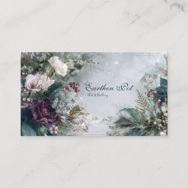 Ethereal Winter Floral Burgundy Rose and Icy Gray Business Card (Front)