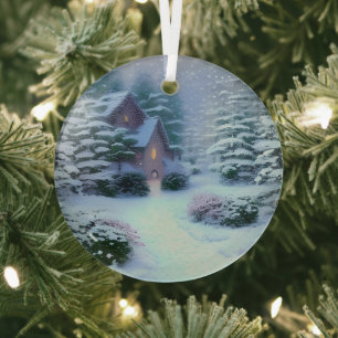 Ethereal Winter Scene Kinkade Inspired Glass Tree Decoration