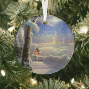Ethereal Winter Scene Kinkade Inspired Glass Tree Decoration