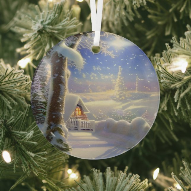 Ethereal Winter Scene Kinkade Inspired Glass Tree Decoration (Insitu)