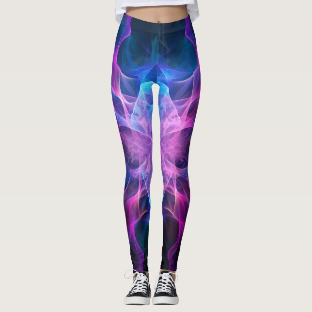 Ethereal Wisps: Blue & Mauve Kirlian Art Leggings (Front)