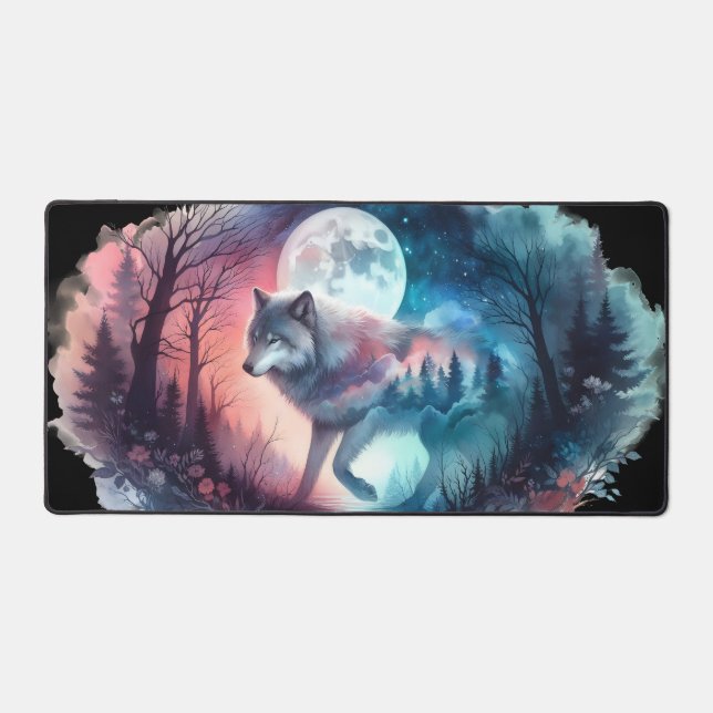 Ethereal Wolf in Moonlit Dual Realms Desk Mat (Front)