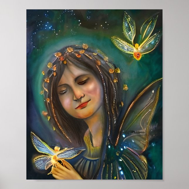 Ethereal Woman Holding Gold Fairylike Butterflies Poster (Front)