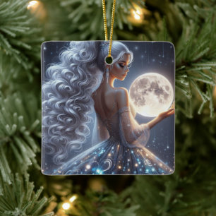 Ethereal woman & moon ceramic ornament
