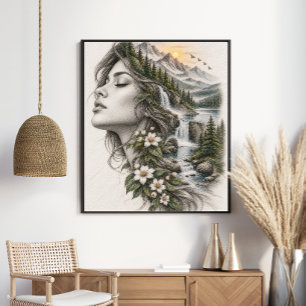 Ethereal Woman Mountain Forest Poster