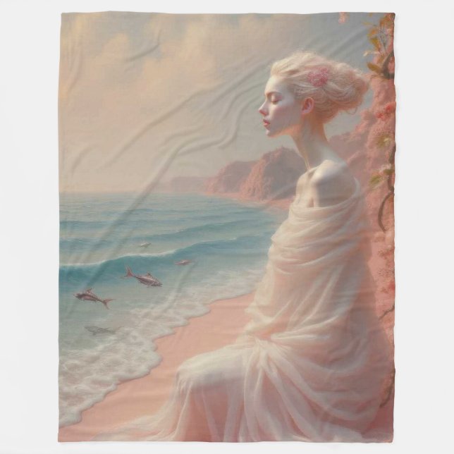 Ethereal Woman on Dreamy Beach Fleece Blanket (Front)
