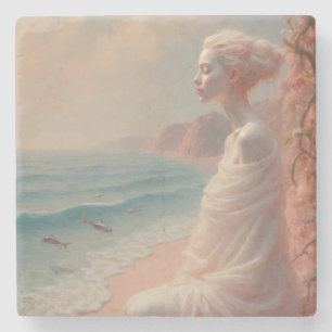 Ethereal Woman on Dreamy Beach Stone Coaster